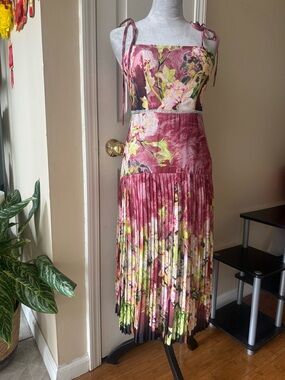 Floral Pink Pleated Midi Skirt Dress with Tie Straps